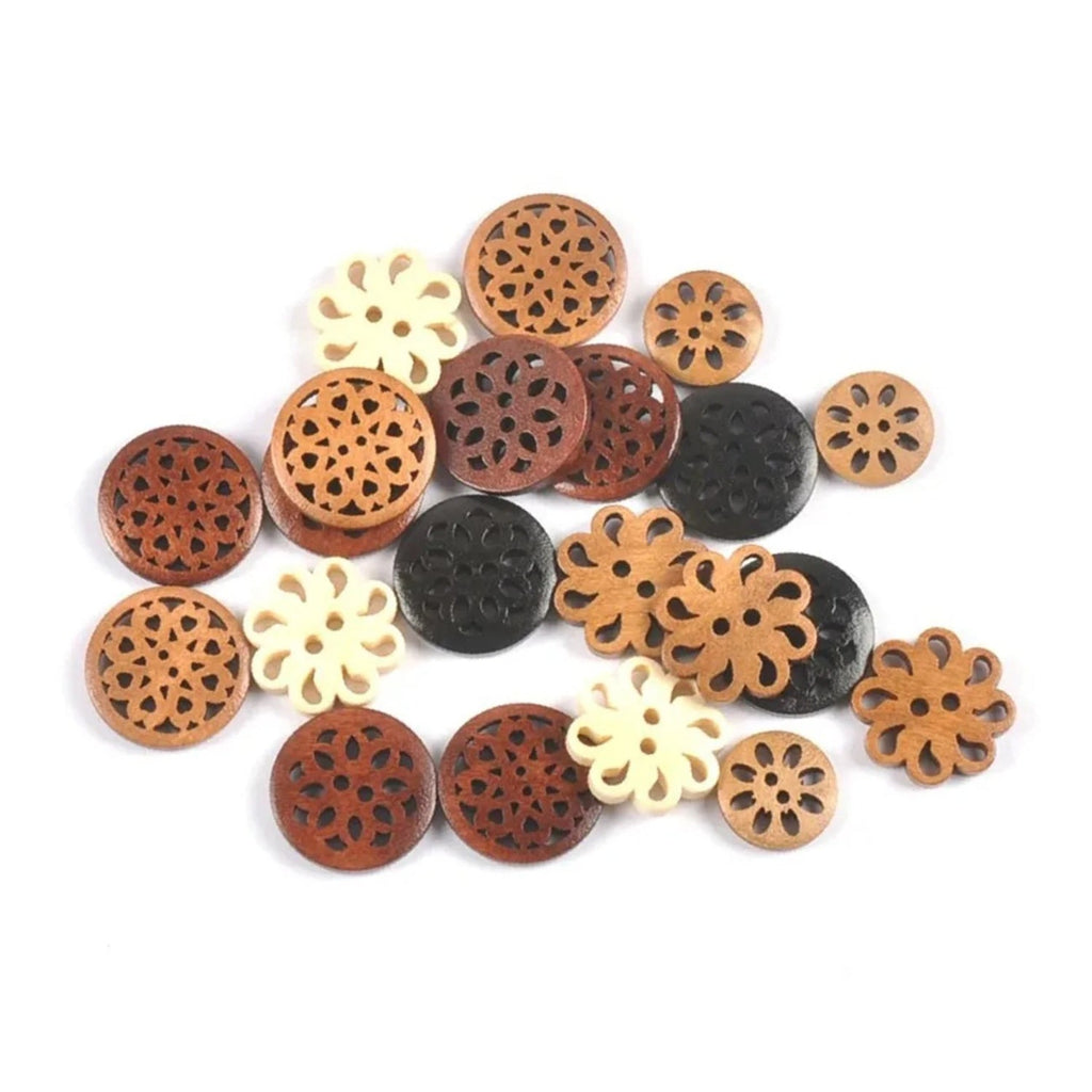 Carved Wooden Buttons 18-25mm Brown Cut-Out 2-Hole