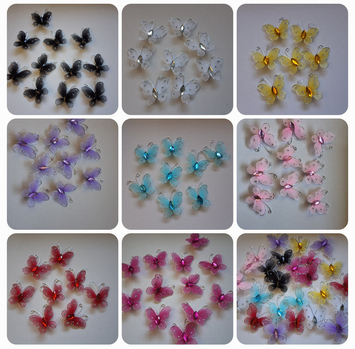 16Pcs 3D Mesh Butterfly Embellishments with Crystal Gem Rhinestone - Choose your favourite colour
