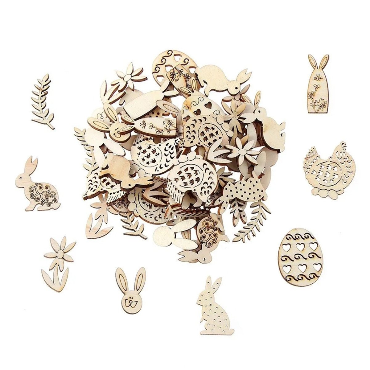 Easter Theme Wooden Craft Flat Shapes 25-40mm – 100pcs