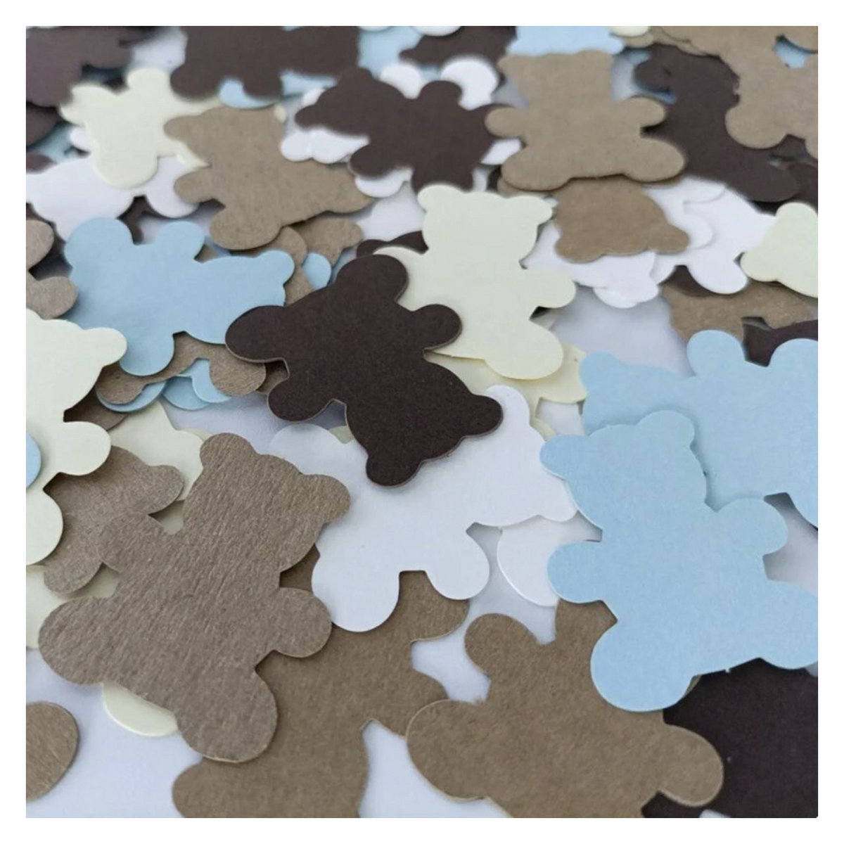 30mm Cardboard Teddy Bear Confetti – 100pcs – Assorted bear-shaped cutouts in brown, blue, and beige on a white background