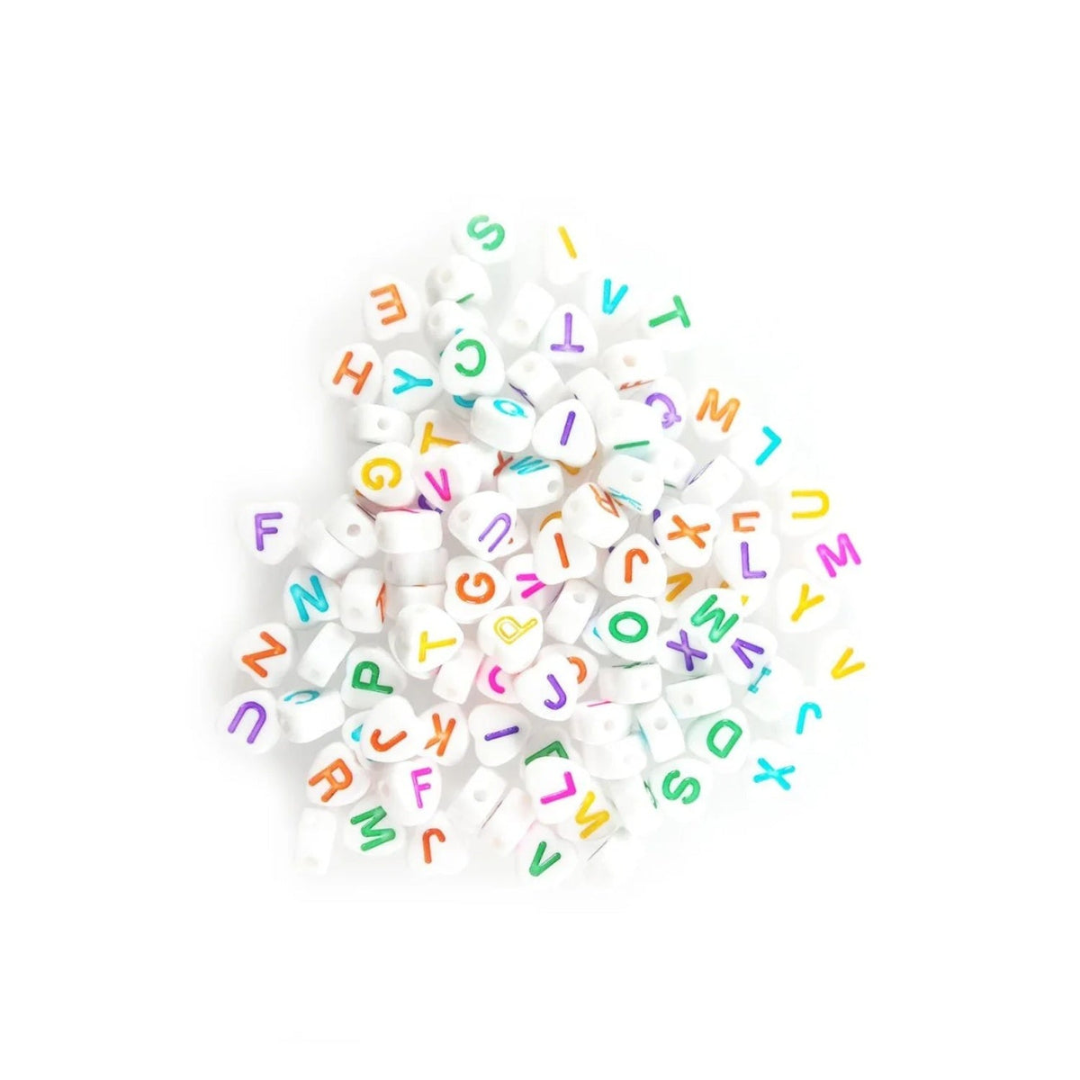 Alphabet Letters Spacer Beads 7mm x 4mm – 100pcs – 15. Multicoloured on White Heart Shape