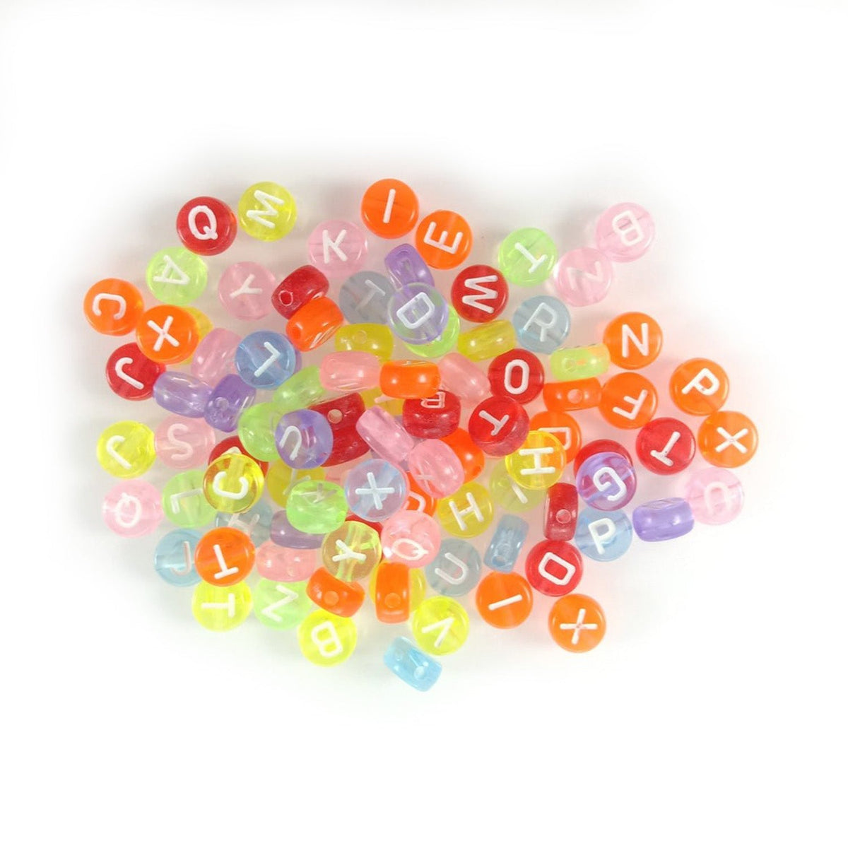 Alphabet Letters Spacer Beads 7mm x 4mm – 100pcs – 7. White on Multicoloured Clear