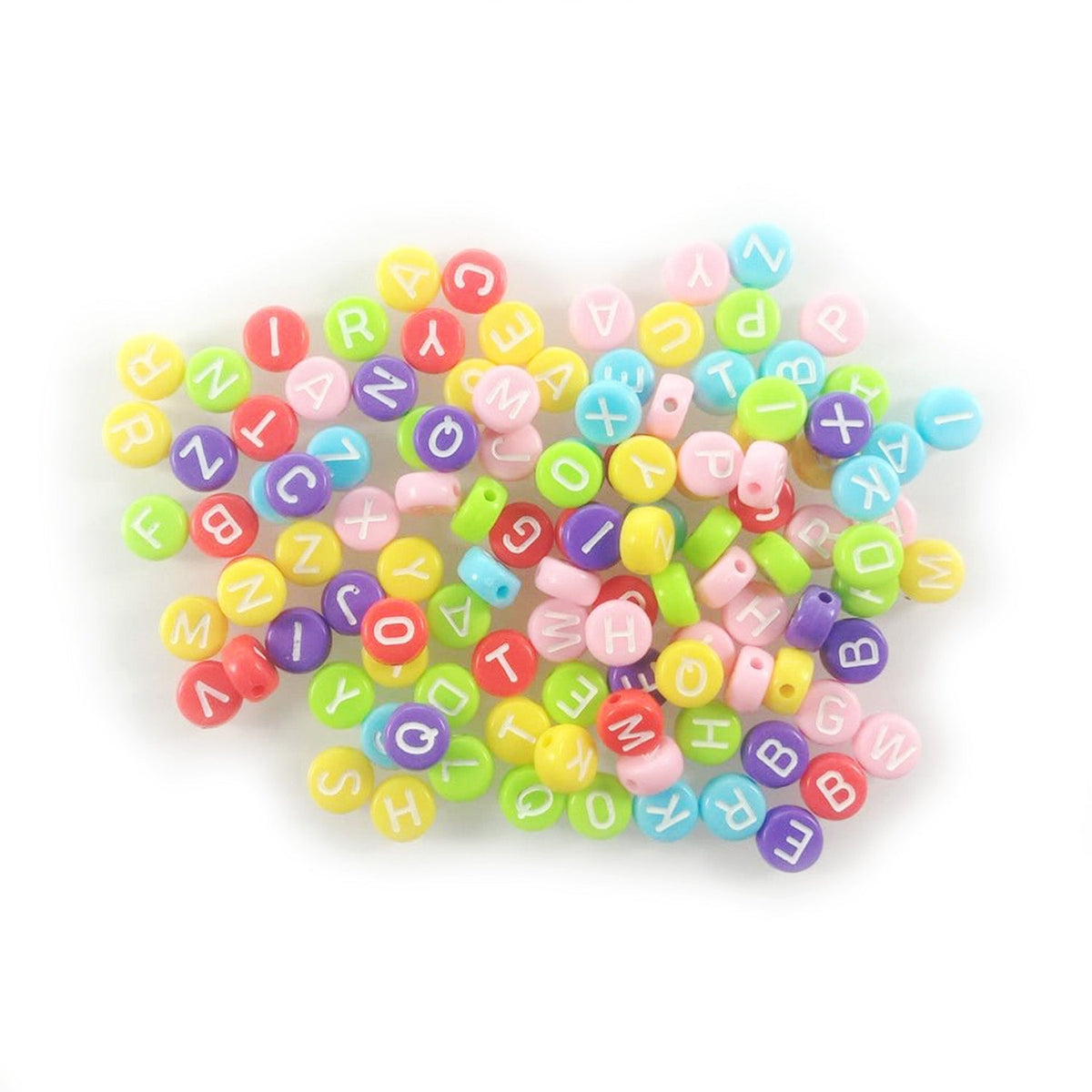 Alphabet Letters Spacer Beads 7mm x 4mm – 100pcs – 8. White on Multicoloured Opaque