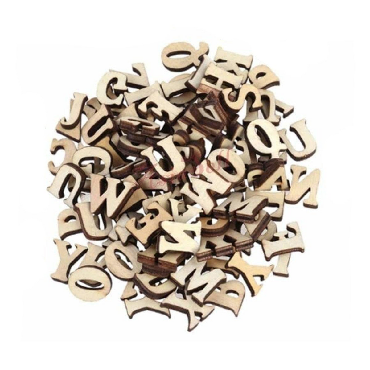 100pcs Wooden Letters 15mm High Alphabet Art DIY Craft – Pile of wooden letters on a white background
