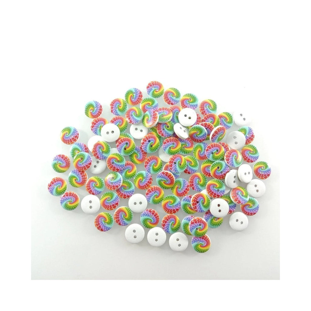 100pcs Rainbow Swirl Patterned Round Two Hole Wooden Buttons Size 20mm
