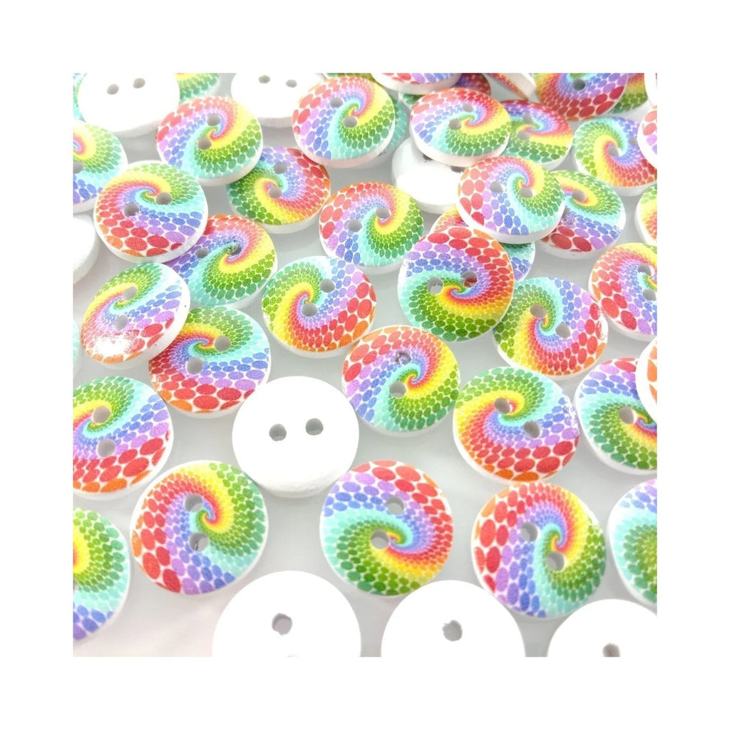100pcs Rainbow Swirl Patterned Round Two Hole Wooden Buttons Size 20mm