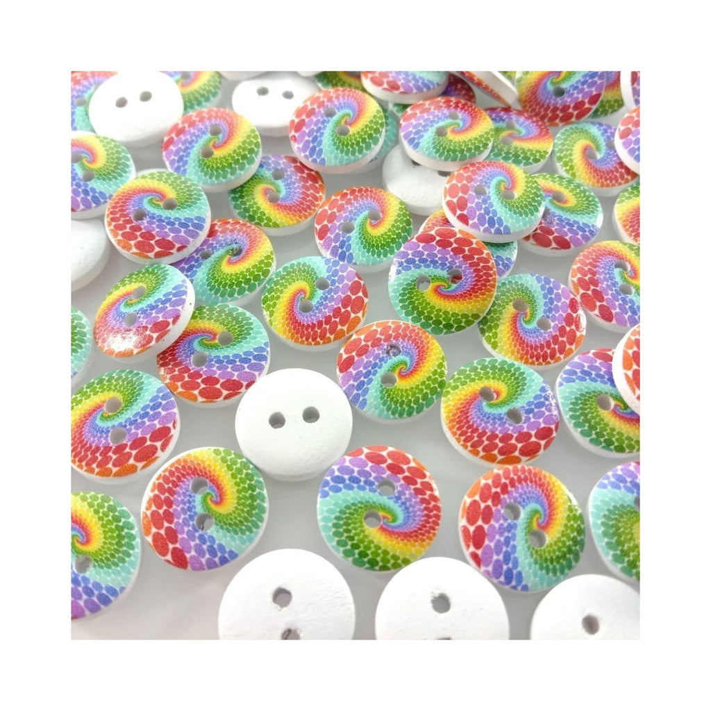100pcs Rainbow Swirl Patterned Round Two Hole Wooden Buttons Size 20mm