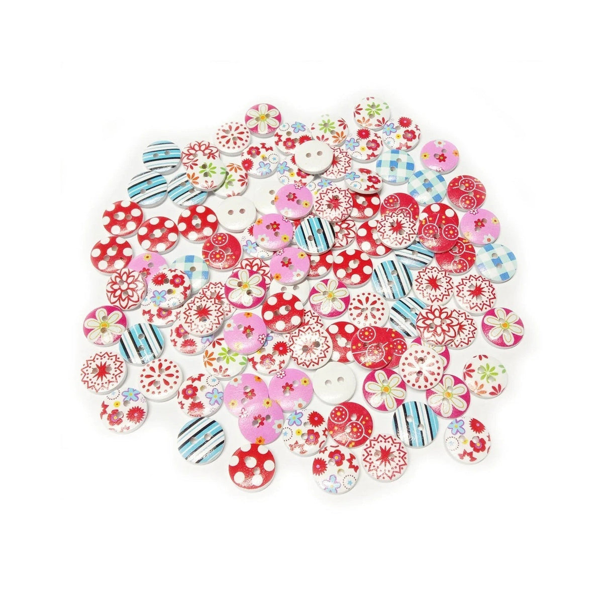 100 White Backed Wooden Round Buttons 15mm 2-Hole Pink Red
