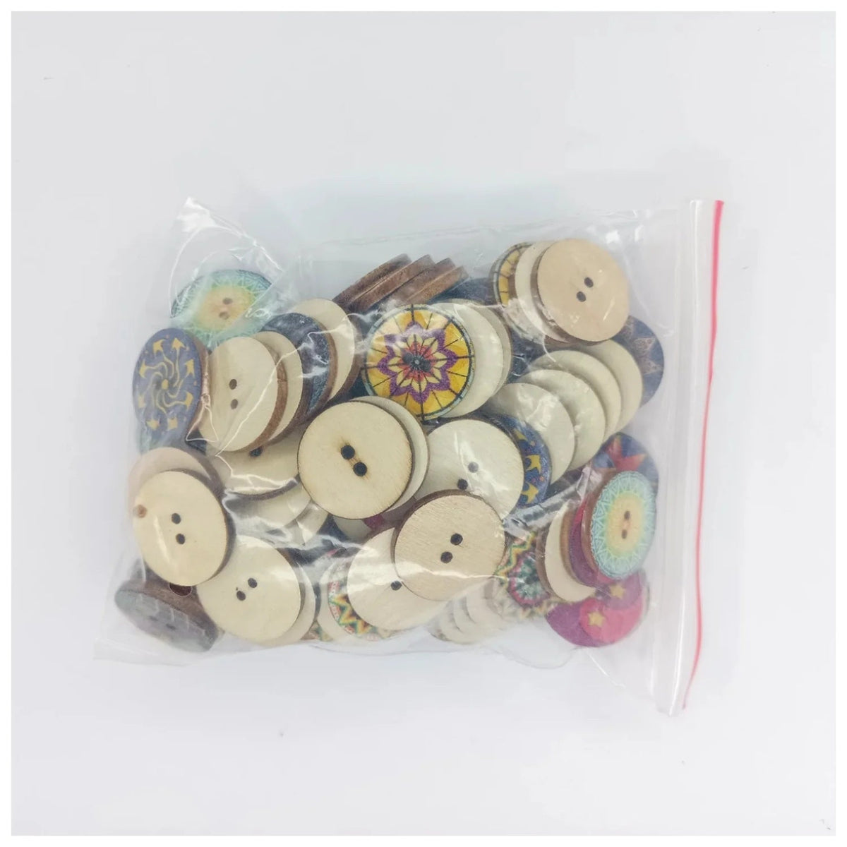 Flower Retro Series Wood Buttons 15-25mm 100pcs – Bag of wooden buttons with colorful designs on a white background