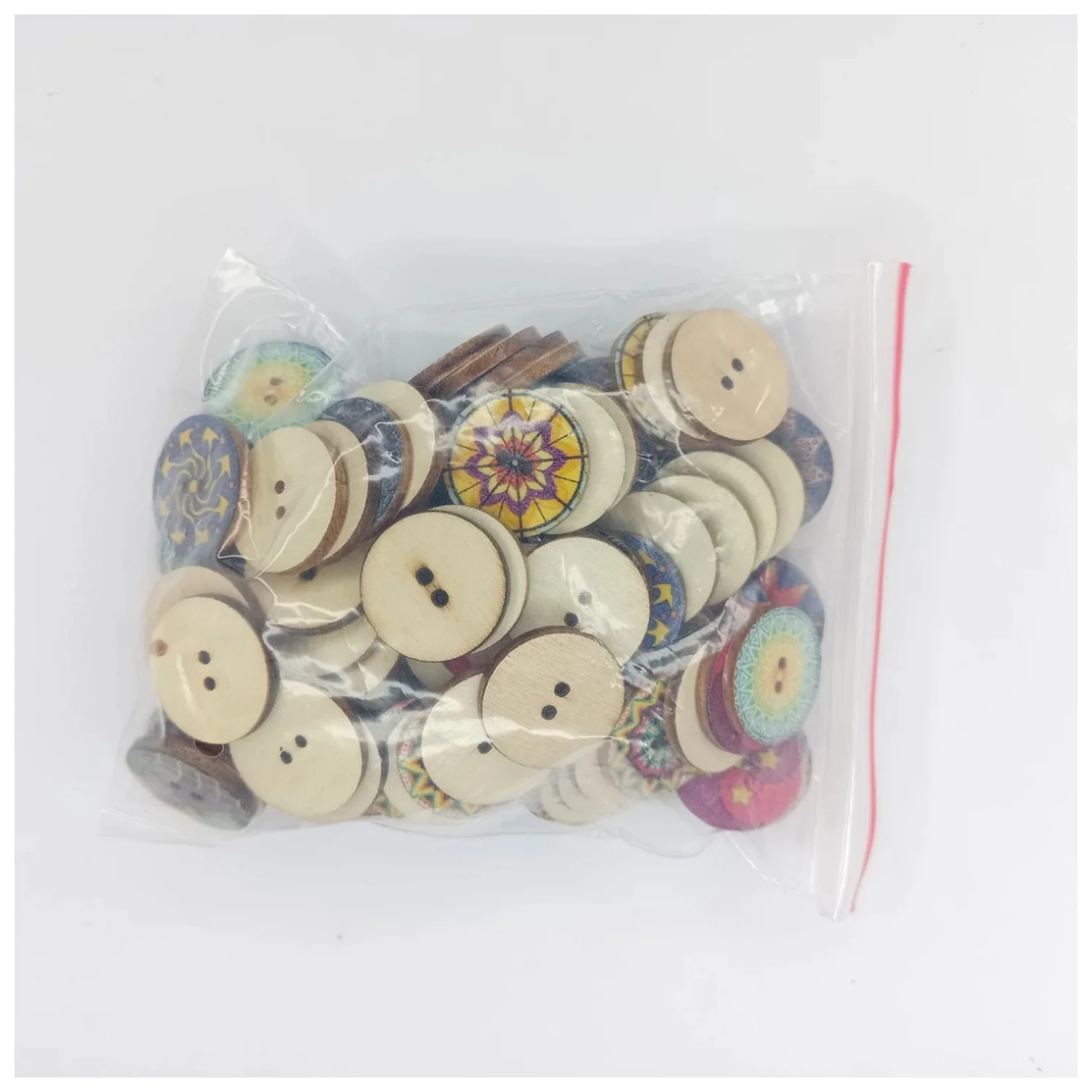 Flower Retro Series Wood Buttons 15-25mm 100pcs – Bag of assorted buttons with colorful designs on a white background