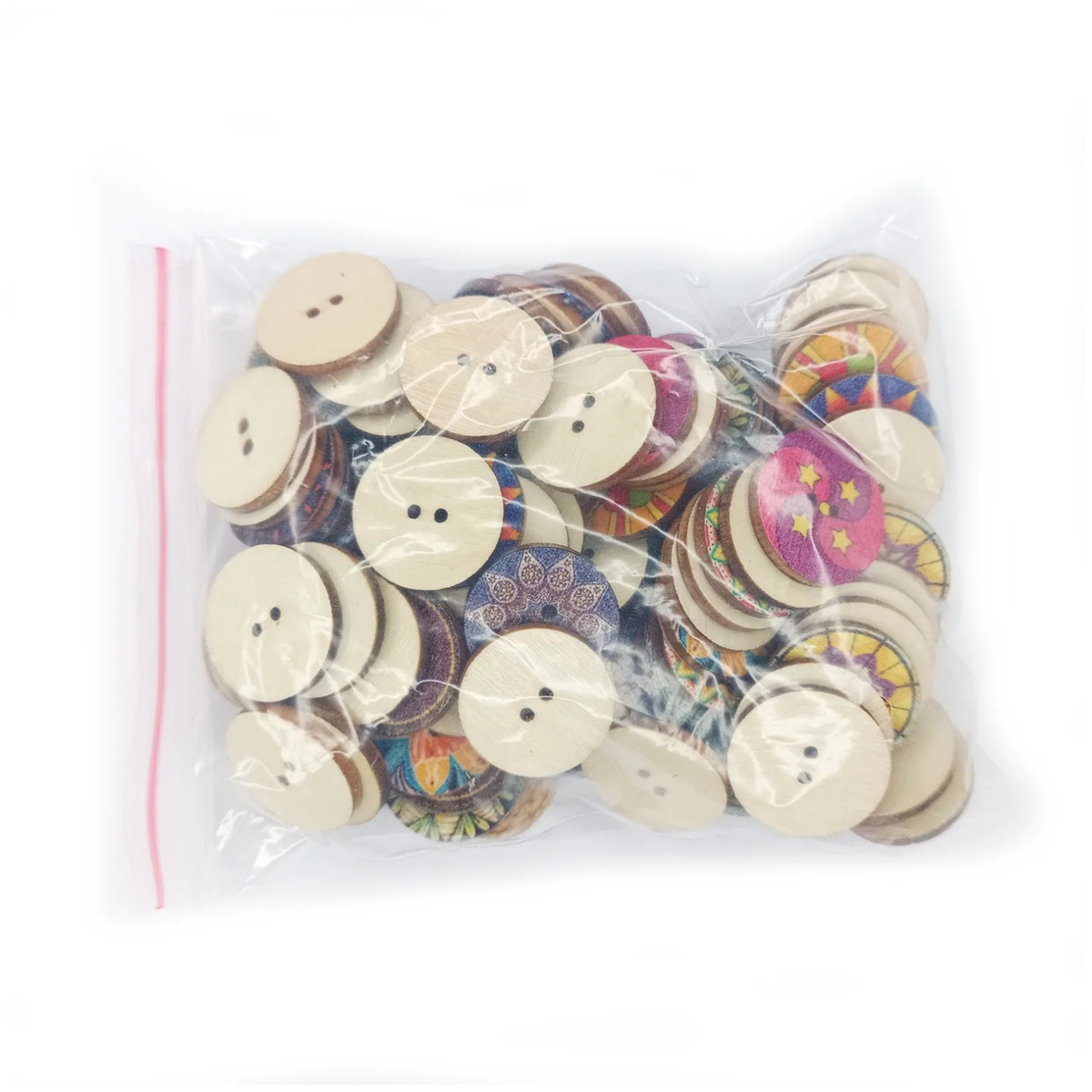 Flower Retro Series Wood Buttons 15-25mm 100pcs – Bag of wooden buttons with colorful designs on a white background