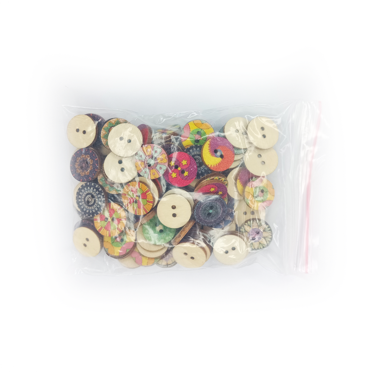 Flower Retro Series Wood Buttons 15-25mm 100pcs – Assorted colorful wooden buttons in a clear plastic bag on a white background