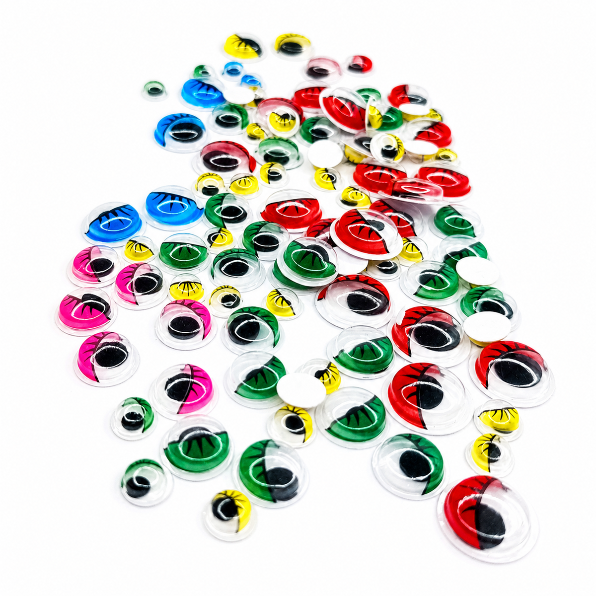 100pcs Googly Boggle Eyes Mixed 8mm-15mm Yellow Red Blue Green Pink – Assorted colorful googly eyes of mixed sizes on a white background