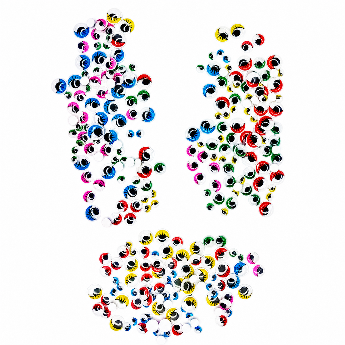 100pcs Googly Boggle Eyes Mixed 8mm-15mm Yellow Red Blue Green Pink – 3 different sets of Colorful googly eyes on a white background