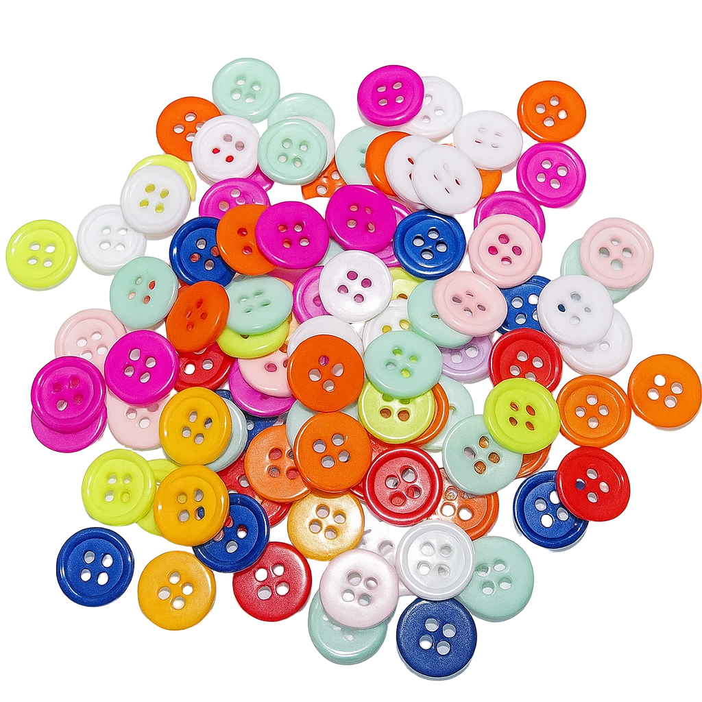 100pcs Resin Buttons 11mm Mixed Colours 4-Hole – Assorted colorful buttons on a white background