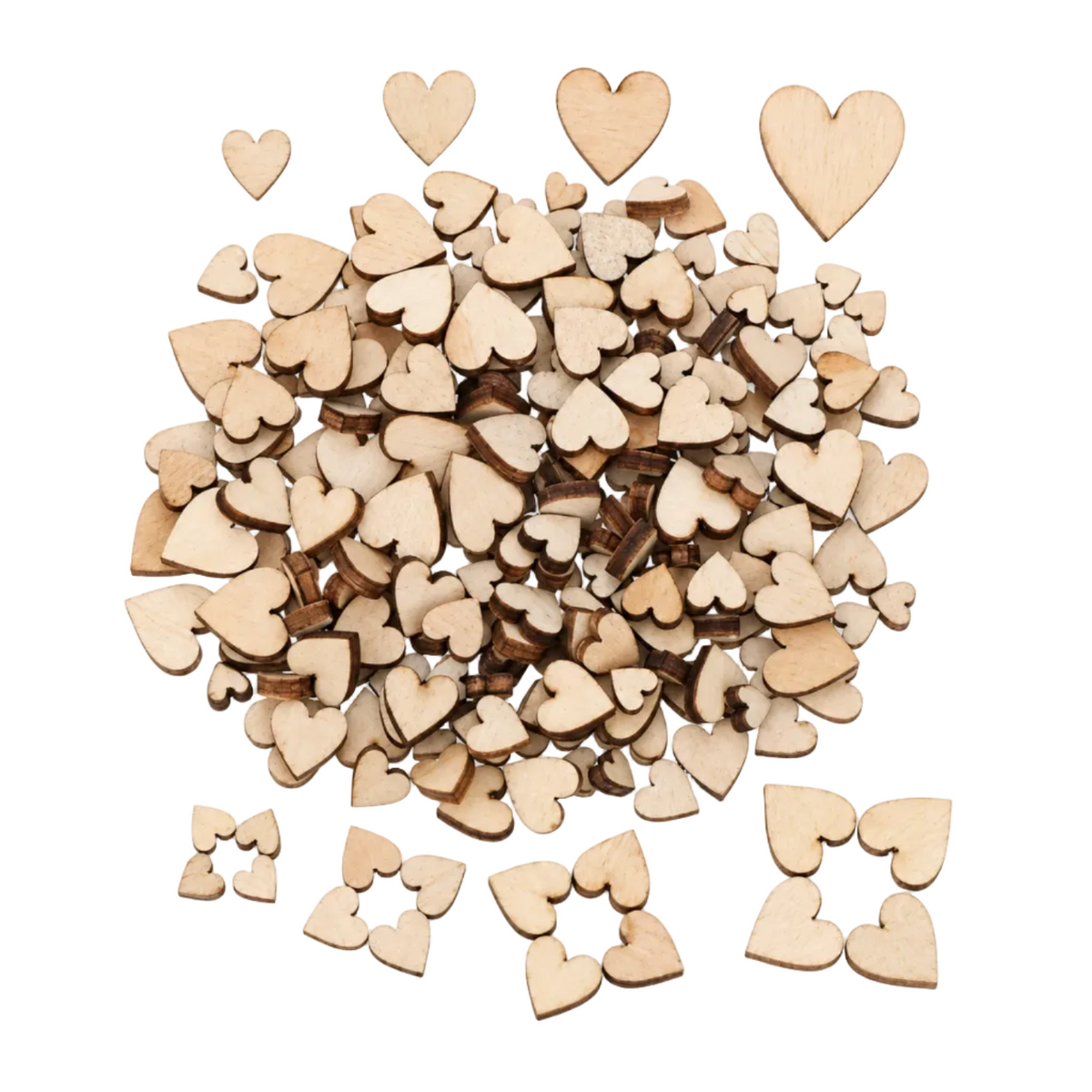 100 Hearts Wooden Craft Discs 6-12mm