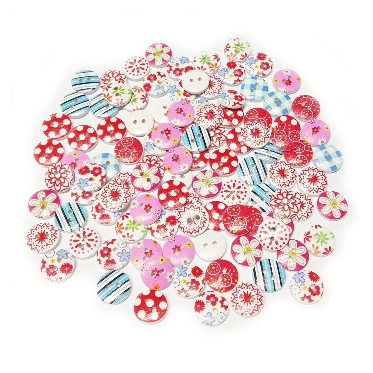 100 White Backed Wooden Round Buttons 15mm 2-Hole Pink Red – Assorted colorful buttons with floral and polka dot patterns on a white background