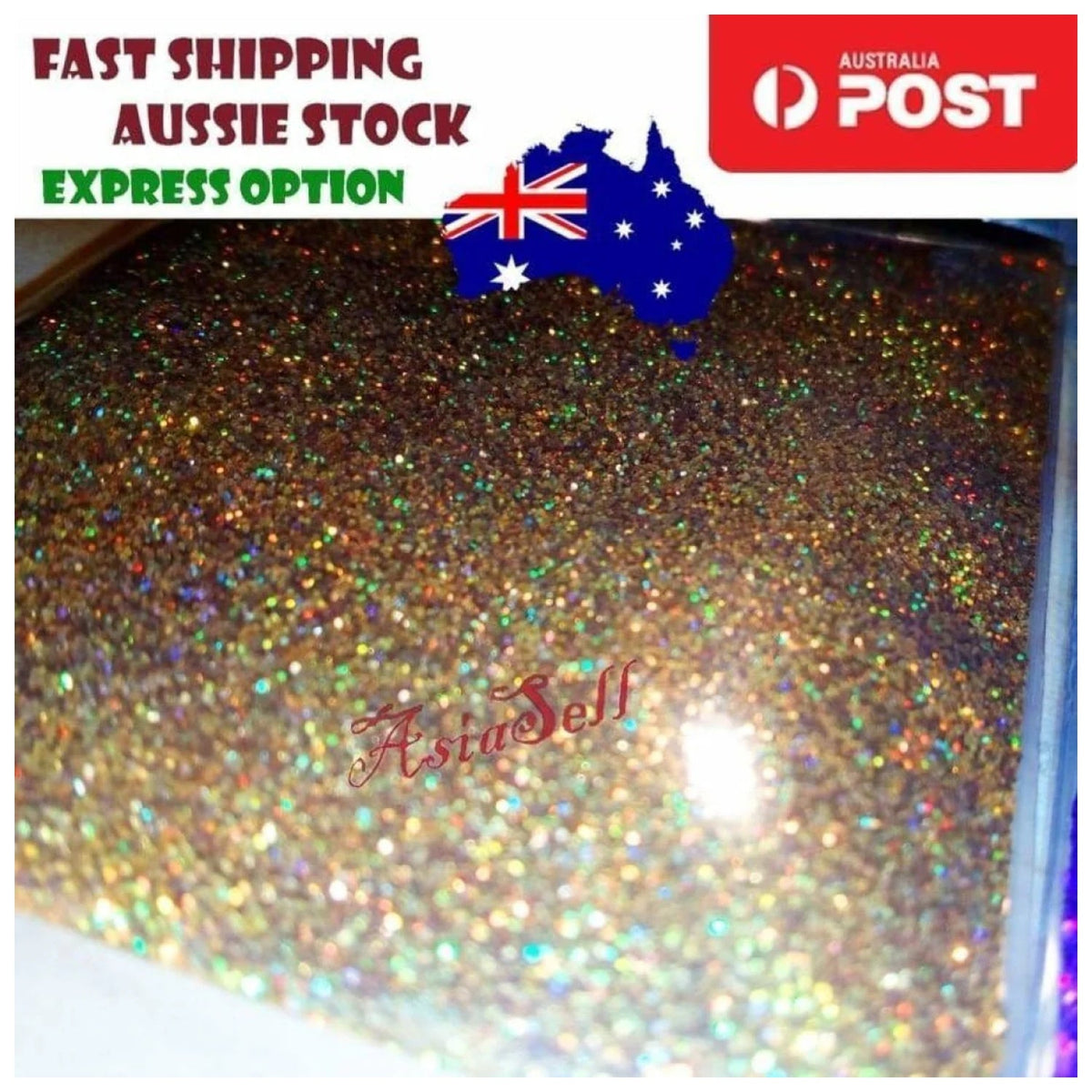 10g Holographic Nail Decals – Silver, Gold, Purple & Butterfly Sequins – Gold fine powder, Gold Stars