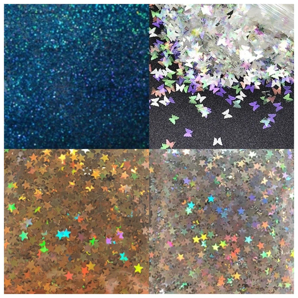 10g Holographic Nail Decals – Silver, Gold, Purple & Butterfly Sequins