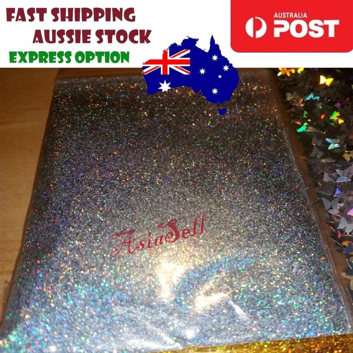 10g Holographic Nail Decals – Silver, Gold, Purple & Butterfly Sequins – Silver fine powder