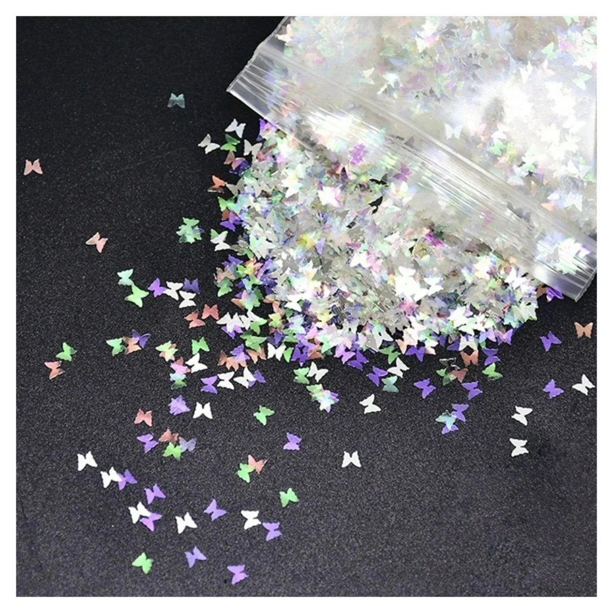 10g Holographic Nail Decals – Silver, Gold, Purple & Butterfly Sequins – White/Silver Butterfly Sequins