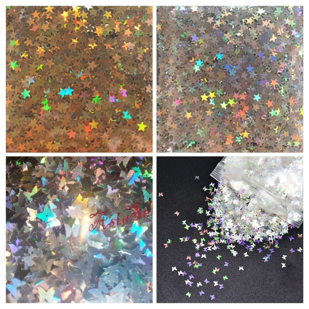 Holographic Nail Art Decals – Silver & Gold Stars, Butterflies