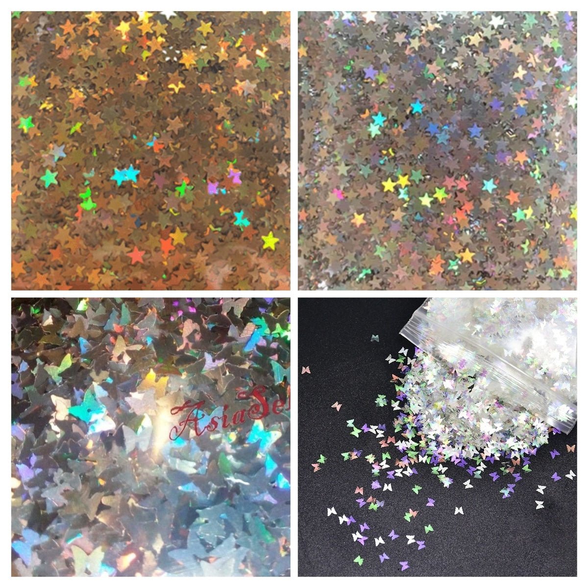 Holographic Nail Art Decals – Silver & Gold Stars, Butterflies
