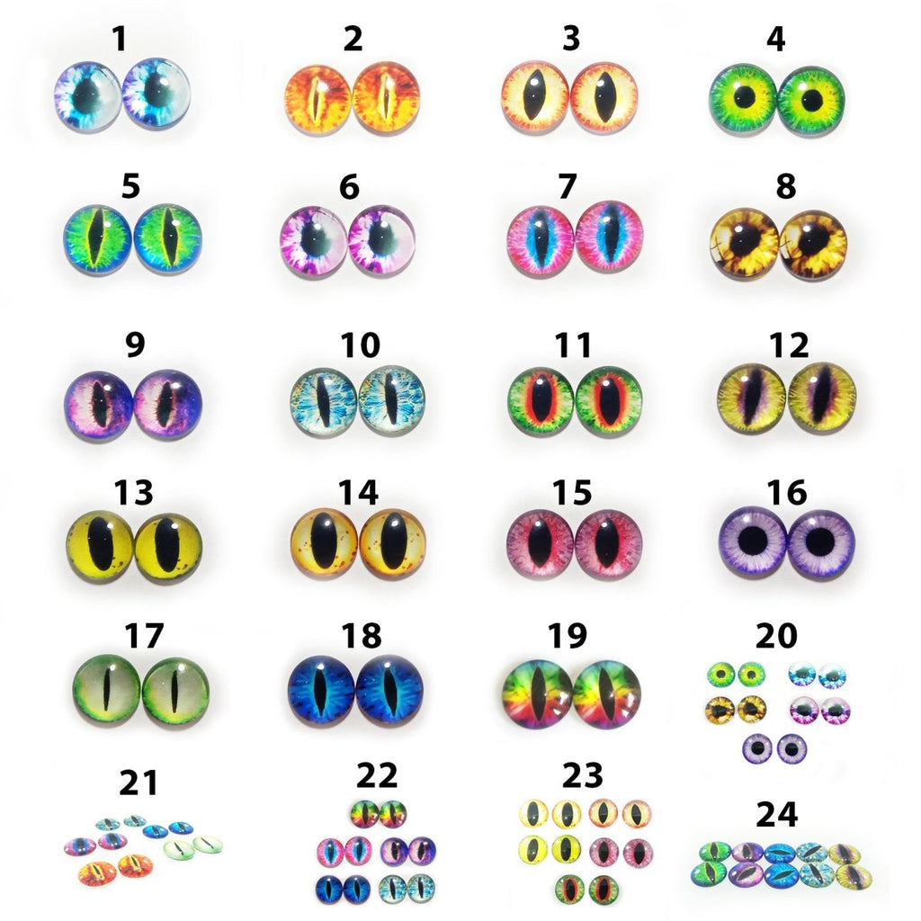 10pcs Glass Cabochon Eyes 15mm 18mm 20mm – 15mm / 1. Blue Round Pupils, 15mm / 2. Orange Slit Pupils, 15mm / 3. Red Orange Animal Eyes, 15mm / 4. Green Round Pupils, 15mm / 5. Green Lizard Eyes, 15mm / 6. Purple White Round Pupils, 15mm / 7. Red