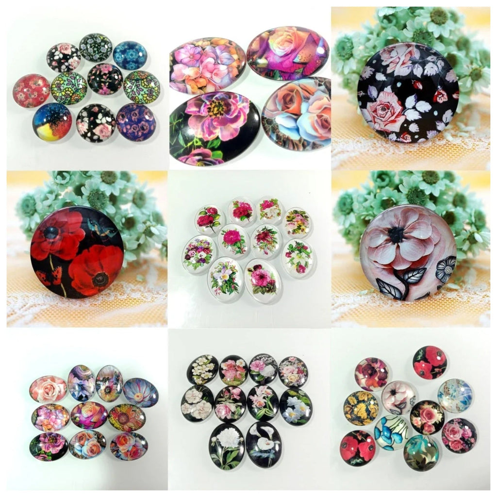 10 Mixed Round Flower Glass Cabochons 20mm