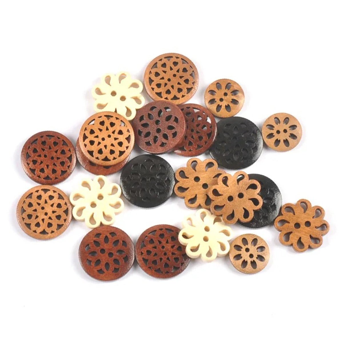 10pcs 24mm Carved Wooden Buttons Brown Cut-Out 2-Hole