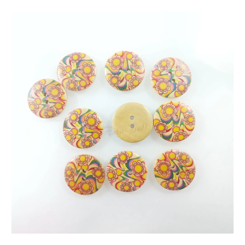 30mm Painted Wooden 4-Hole Buttons – 10pcs – Daisies