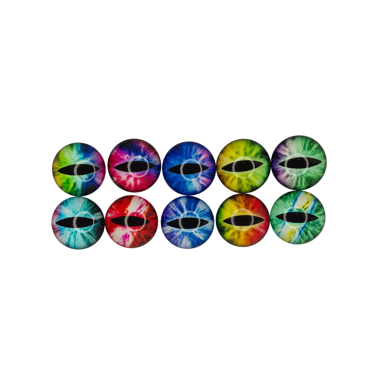 10pcs 35mm Glass Cat Doll Eyes – Mixed Rainbow Tiger Designs – Colorful tie-dye eye-shaped buttons on a white background