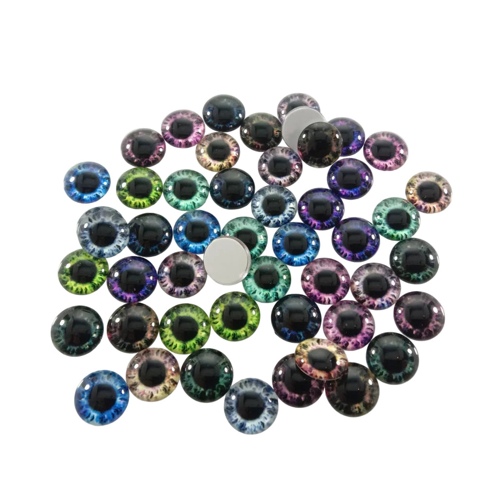 60pcs Mixed Dragon Eyes Round Glass Cabochon Flatback – 14mm, 16mm, 18mm