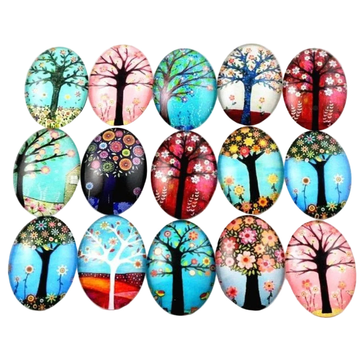 10pcs Glass Cabochons Oval Shape 18x25mm Trees Design 4