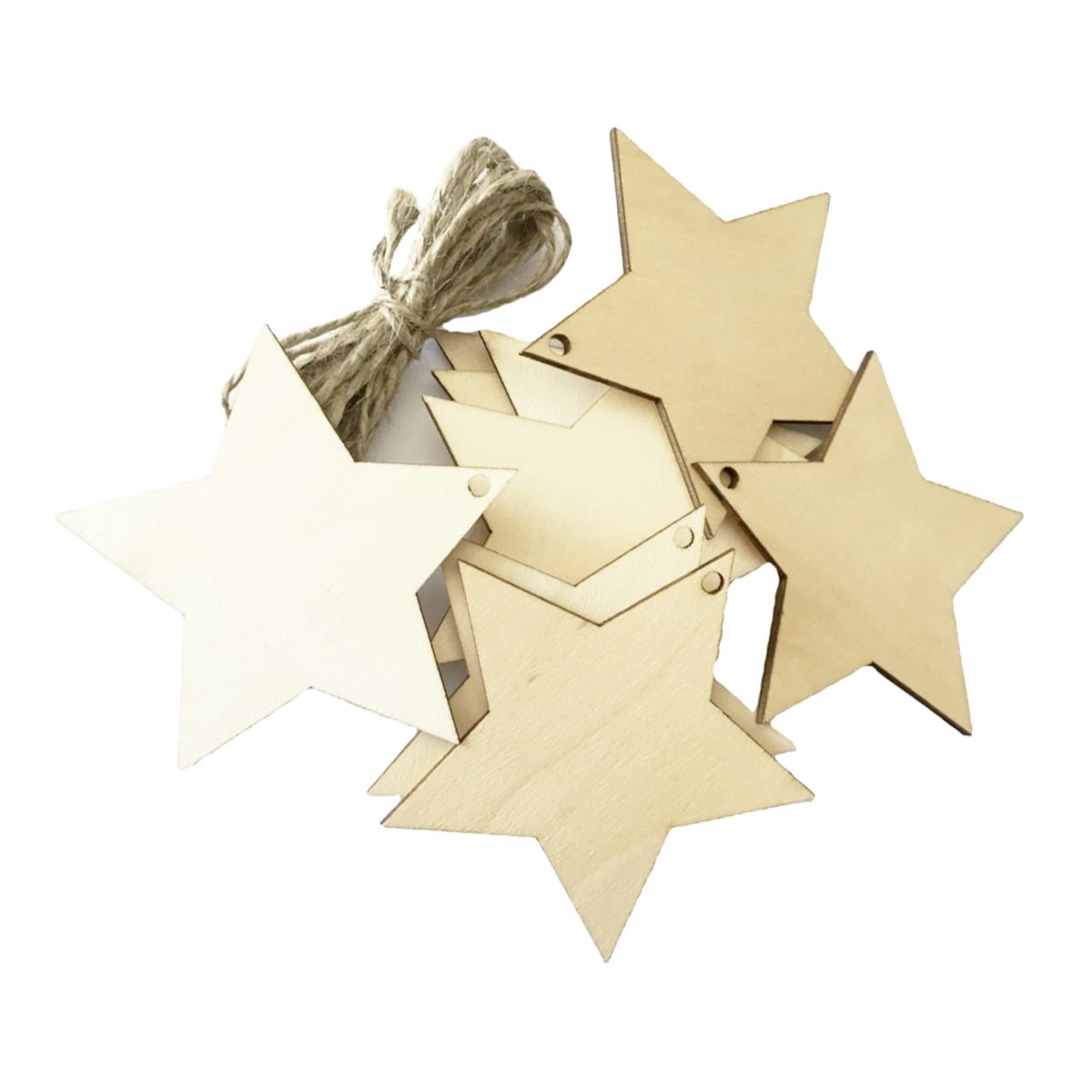 10 Wooden Stars with Thread Holes and String