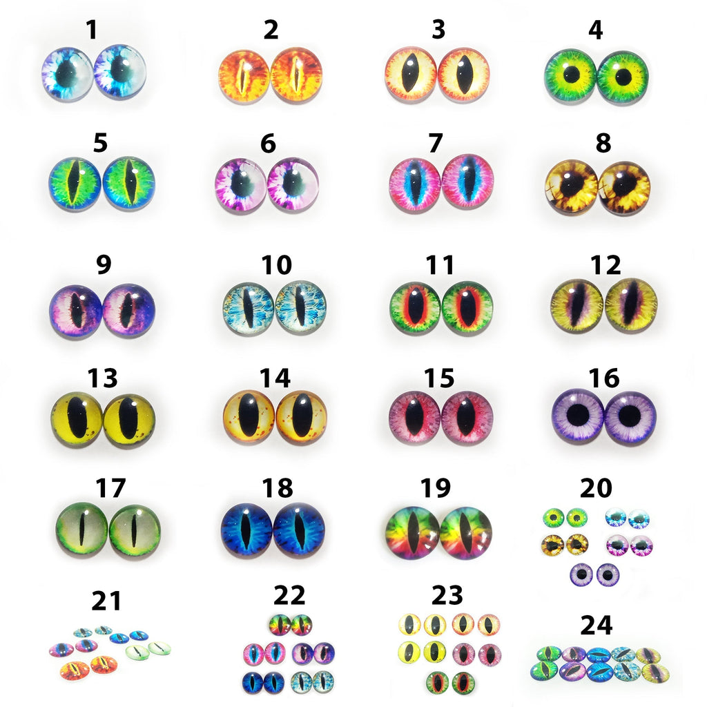 10pcs 15mm & 18mm Glass Eyes Cabochon Flat Dome Animal – 15mm / 1. Blue Round Pupils, 15mm / 2. Orange Slit Pupils, 15mm / 3. Red Orange Animal Eyes, 15mm / 4. Green Round Pupils, 15mm / 5. Green Lizard Eyes, 15mm / 6. Purple White Round Pupils, 15mm