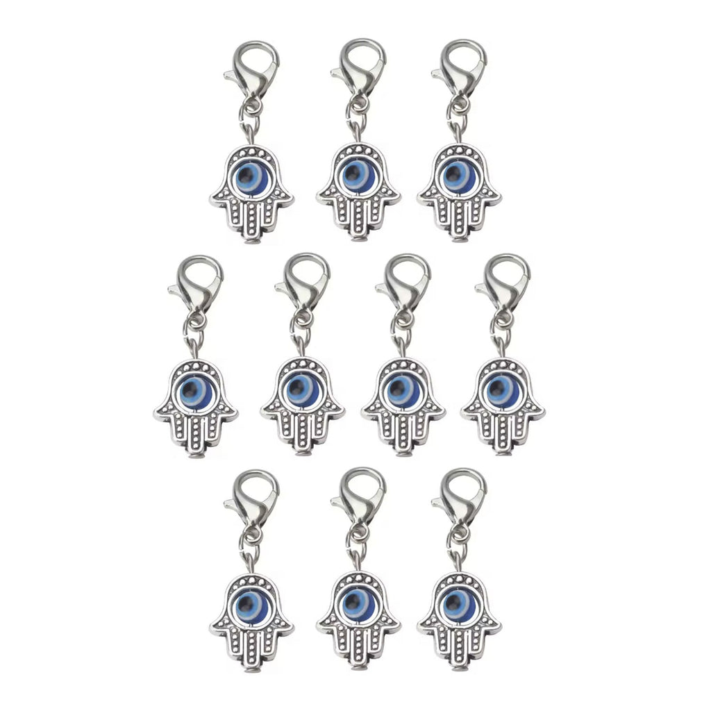 10pcs 35x13mm Hamsa Hand Charms with Lobster Clasp – Silver and Blue, Gold and Red
