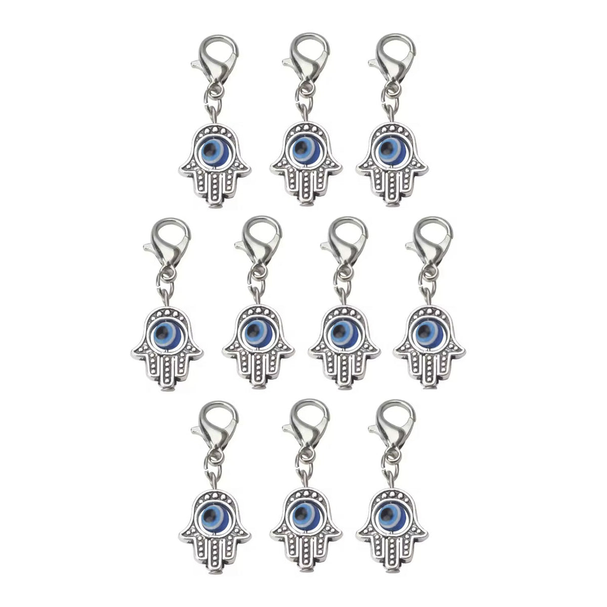10pcs 35x13mm Hamsa Hand Charms with Lobster Clasp – Silver and Blue, Gold and Red