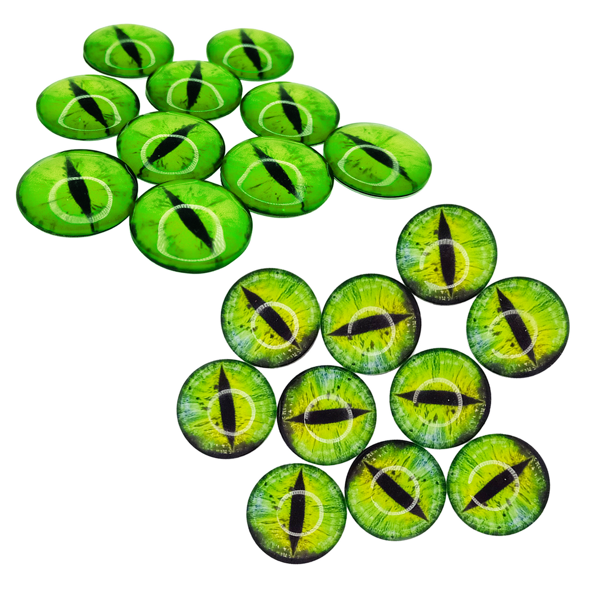 Green Cat Eye Glass Cabochon Eyes – 10pcs Assorted Sizes – Green and black glass eyes arranged on a white background