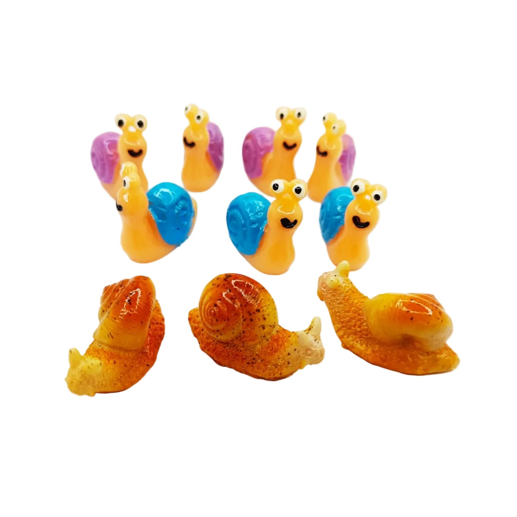 Snail Resin Charms 28mm – 10 Pieces – Colorful snail figurines on a white background