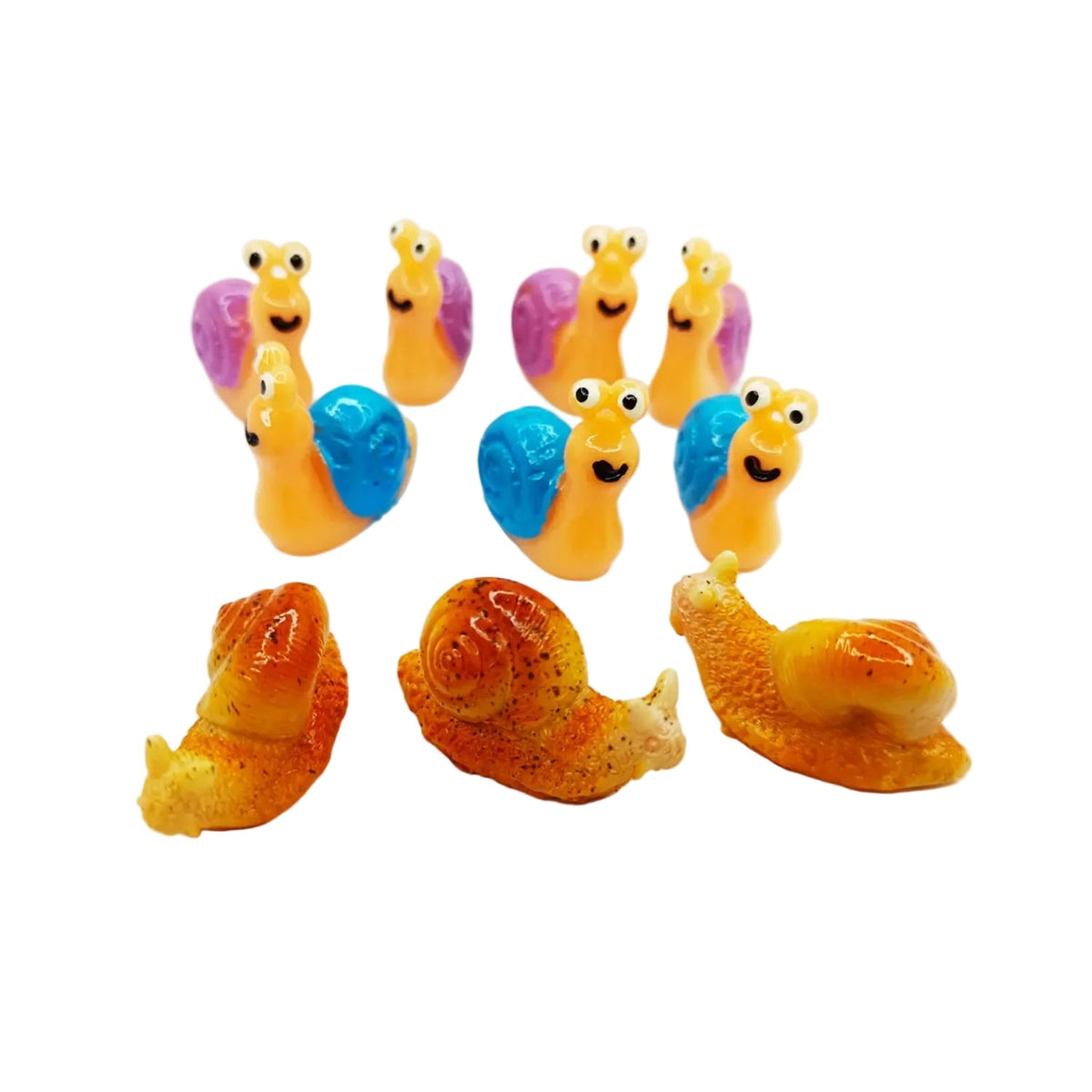 Snail Resin Charms 28mm – 10 Pieces – Colorful snail figurines on a white background