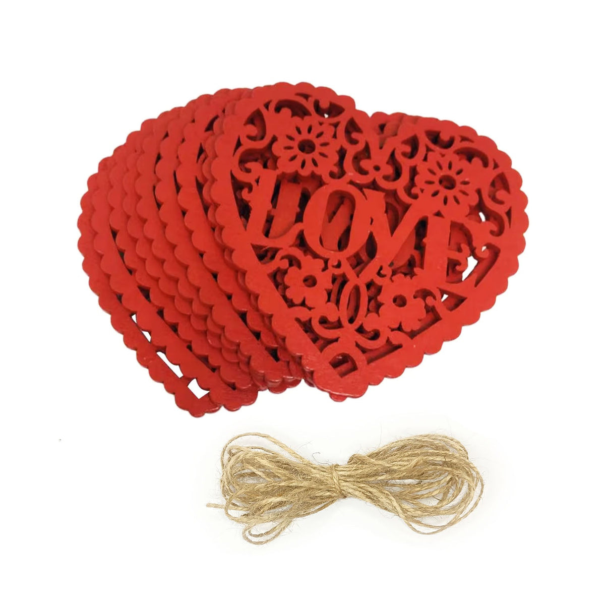 Wooden Heart Laser Cut Forms 80mm with Jute Twine – 10pcs Red