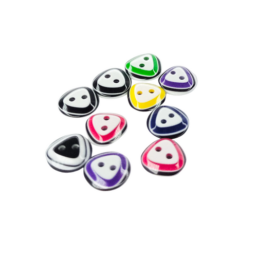 10 × 12mm 2-Hole Mixed-Colour Buttons – A group of small teardrop-shaped resin buttons with a glossy finish, featuring a white center with two black dots and a curved border in various colors including green, black, purple, yellow, blue, pink, and