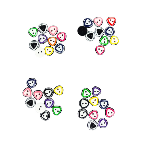 10 × 12mm 2-Hole Mixed-Colour Buttons – Four small clusters of colorful resin triangular buttons with black centers and two holes, arranged on a plain white background. The beads come in multiple colors including pink, red, green, yellow, purple