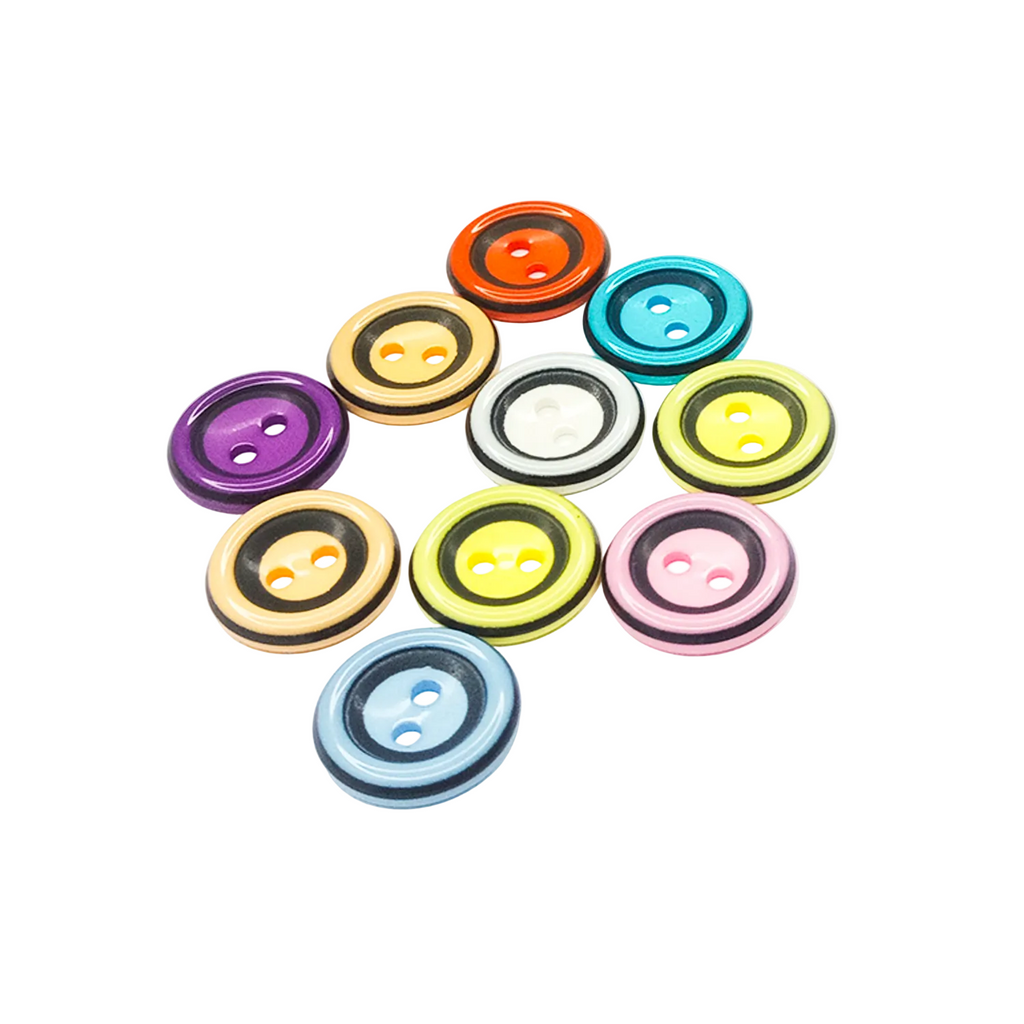 10pcs 15mm Round Resin Buttons – A group of ten colorful two-hole resin buttons arranged in a loose circle on a white background.
