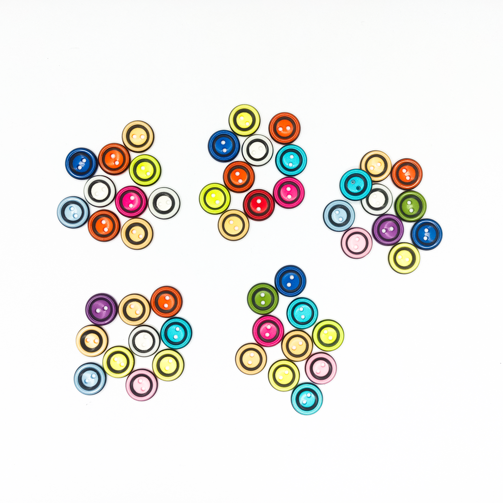 10pcs 15mm Round Resin Buttons – Six clusters of small round decorative resin buttons arranged on a plain white background. The buttons are multicolored, featuring various shades of blue, yellow, pink, orange, green, purple, and white.