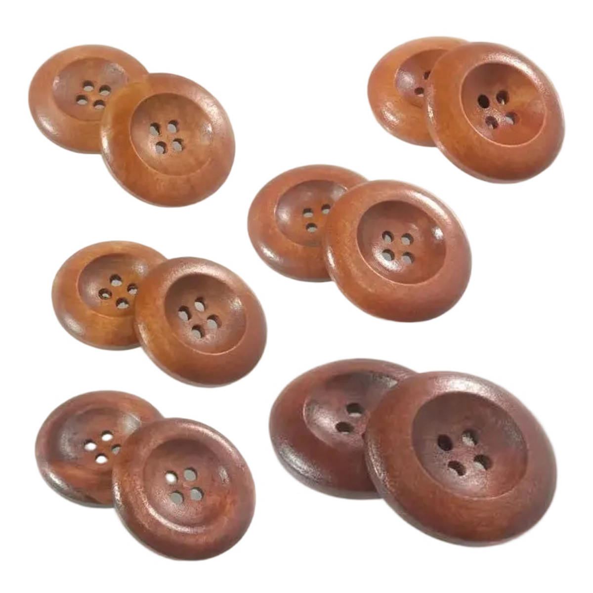 10x 25-35mm 4 Hole Beveled Wooden Buttons – Round wooden buttons with four holes, varying in size from 10mm to 25mm, in shades of medium brown and reddish-brown, arranged on a plain white background.