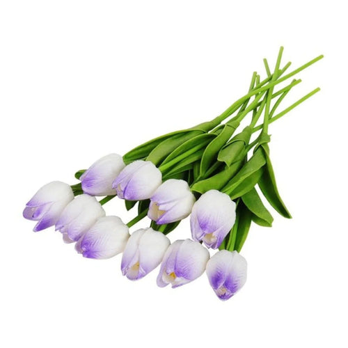 10 Artificial Tulip Flowers 35cm Stem Bouquet – Purple White