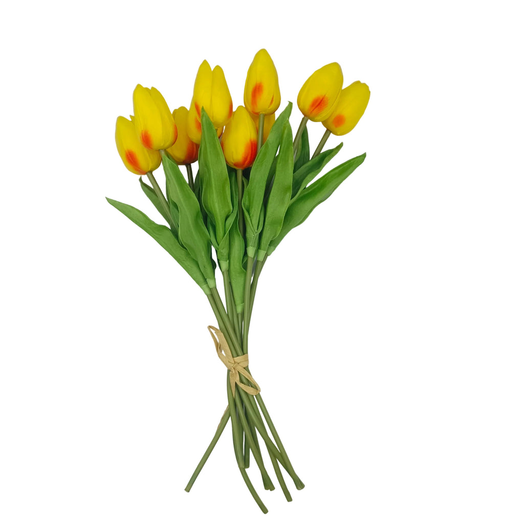 10 Artificial Tulip Flowers 35cm Stem Bouquet – A bouquet of artificial yellow tulips with green leaves and stems, tied with a simple string, displayed on a white background.