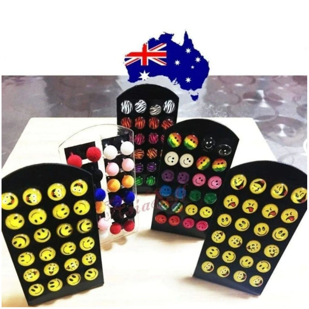 12 Pairs Cute Emoticon Smiley Face Furry Stud Earrings